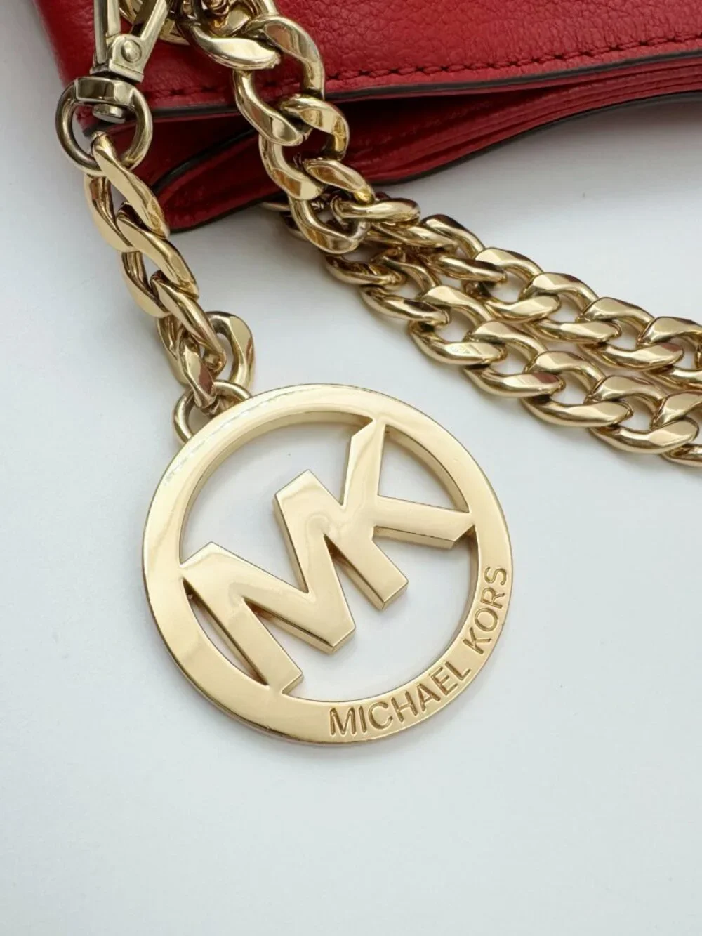 Michael Kors Red Leather Chain Shoulder Bag Gold Tone MK Charm Tote